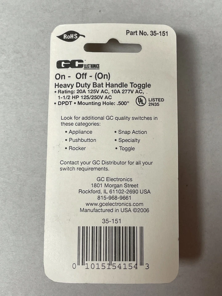 Palanca de manija de murciélago de alta resistencia de encendido y apagado GC Electronics (35-151) (20A 125 VCA) Foto 4 de 4