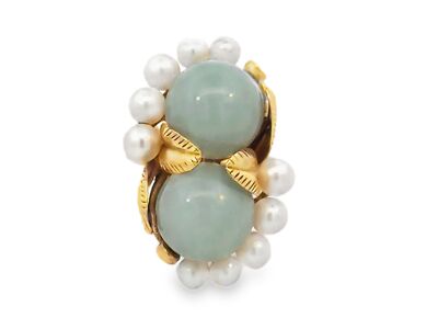 Mings Hawaii Ring mit zwei Jade Kugel Akoya Perlen 14 Karat Gelbgold