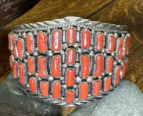 Bracelet(Navajo)-Sterling Silver(925)-Coral Gemst… - image 1