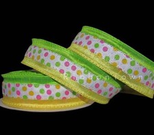 5 Yards Party Polka Dots Yellow Green Pink Wired Ribbon 1 1/2"W