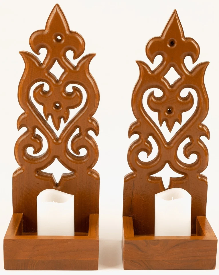 Wall Sconce Candle Plant Holder Waterdrop Carved Teak Wood Wall Mounted Set of2 - Image 3 of 4