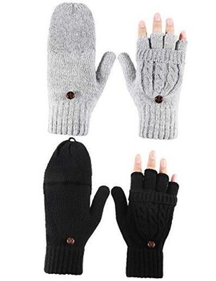  2 Pairs Women Fingerless Mittens Winter Convertible Gloves Knitted Black, Grey