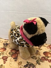 Baby Pug Puppy Dog Wearing Leopard Coat Pink Bows Plush Stuffed Animal Toy