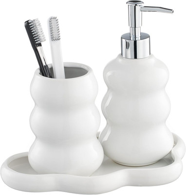 3-Piece White Ceramic Bathroom Accessories Set with Tray, Lotion Dispenser, and 