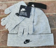 New Nike Youth Big Boys Lurex Futura Beanie Hat & Gloves 2 Piece Set, Gray