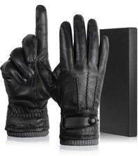 Winter Genuine Sheepskin Leather Gloves for Men, Warm Cashmere Lined Black Le...