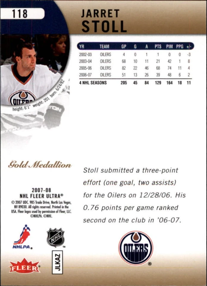 2007-08 Ultra Gold Medallion #118 Jarret Stoll - HKY - Image 2 of 2