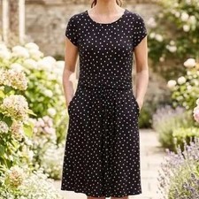 Boden Amelie Black Pink Polka Dot Jersey Fit Flare Dress Pockets 6P Petite