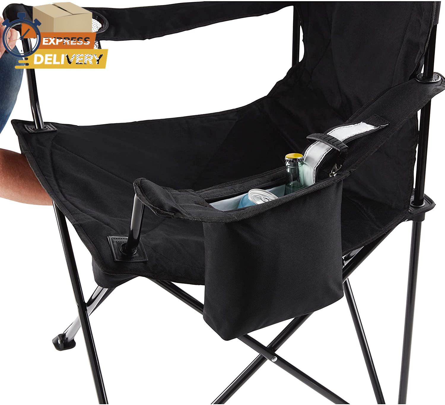 Portable Camping Chair with 4-Can Cooler, Cushioned Seat & Back with Side Pocket