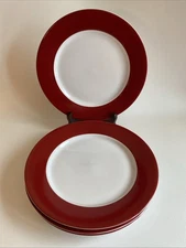 SET OF 4 Crate & Barrel RED BAND 10-5/8" Dinner Plates; NO TRIM (Wide Red Rim)