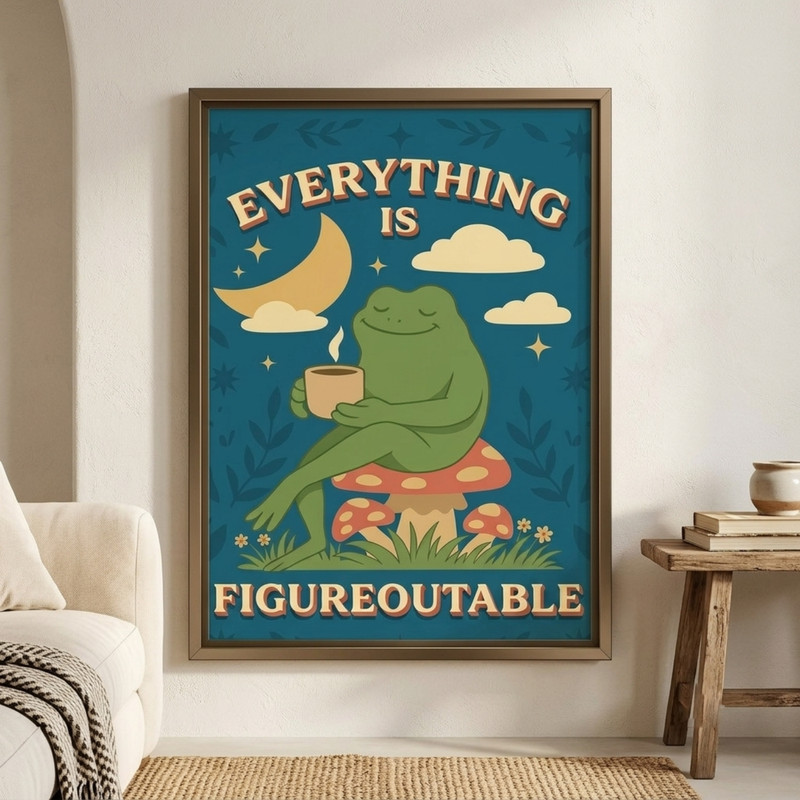 Cute Frog Drinking Coffee,  Inspirational "Everything is Figureoutable" Poster