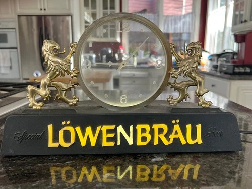 Vintage Lowenbrau Beer Sign Bar Clock Lighted Breweriana Display Works