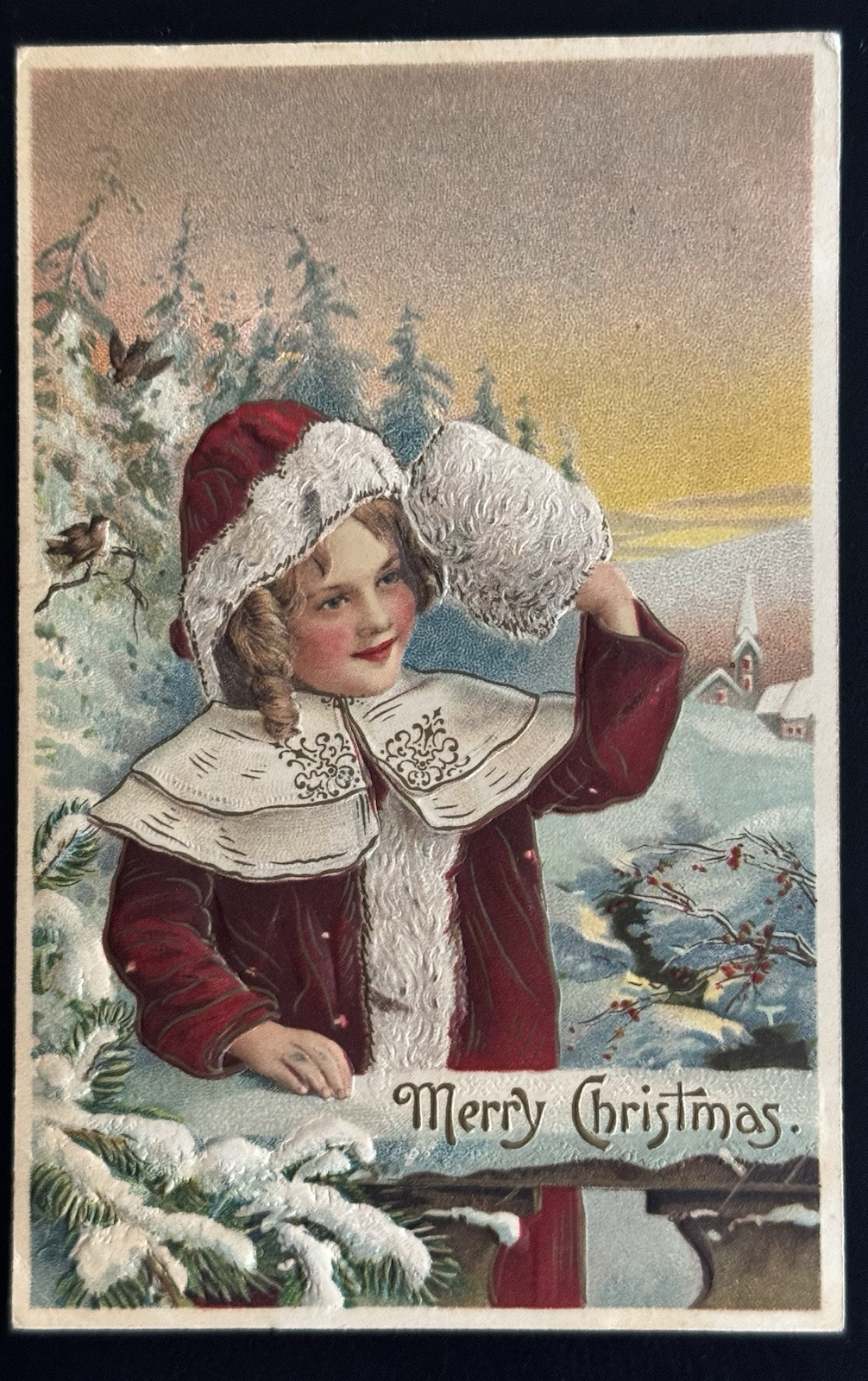 Vintage Postcard 1909 Christmas girl Red Coat San Francisco PM Germany