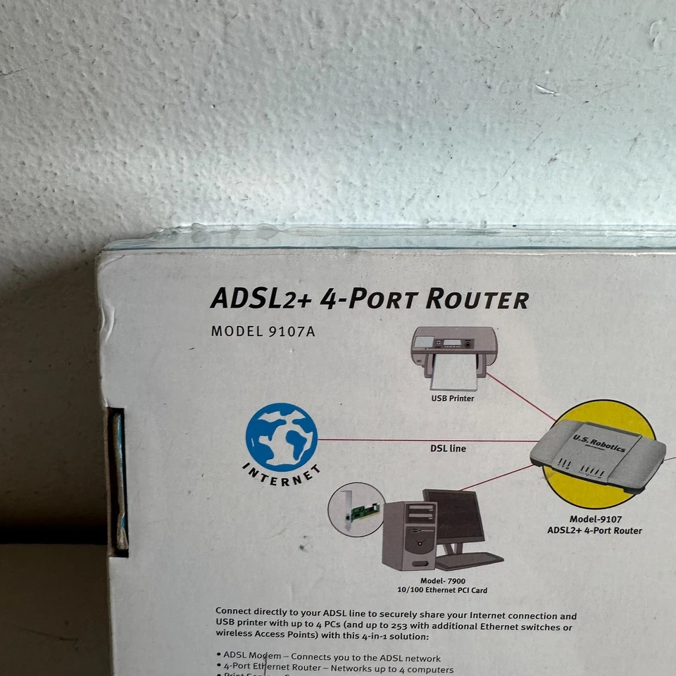 USRobotics 9107A White ADSL2+ 4-Port Retro Modem Router with USB Print Server - Image 3 of 4