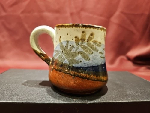Vintage Studio Pottery Leaves Speckled Brown Blue 8 oz Coffee Tea Mug Cup