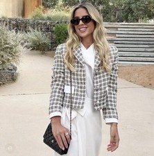 Zara Textured Cropped Tweed Plaid Jacket Jewel Buttons White Grey Size XL