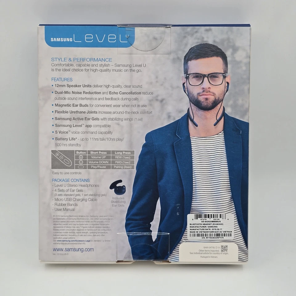 Auriculares inalámbricos intrauditivos Samsung Level U EO-BG920 alrededor del cuello azules nuevos en caja Foto 2 de 4
