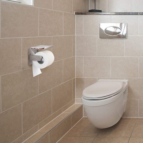 Toilet Paper Roll Holder with Phone Shelf Stainless Steel Tissue Rack Wall Mount - Picture 7 of 8