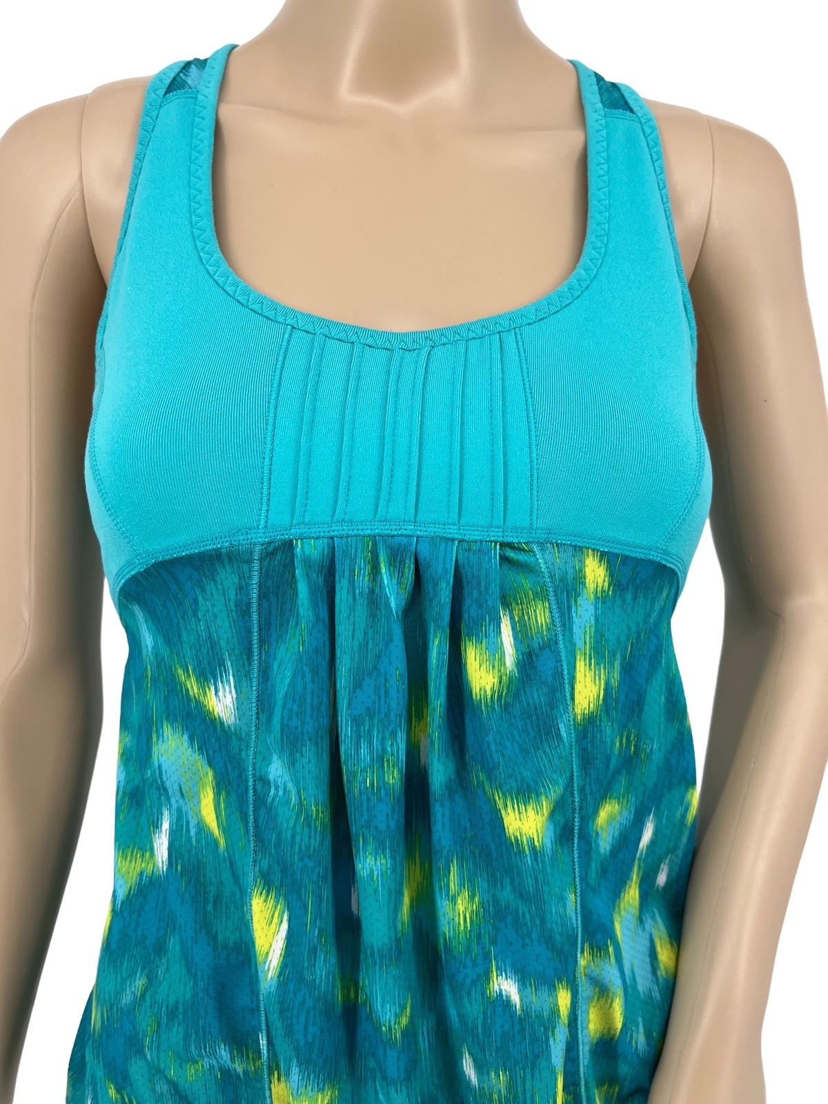 Zella athletic yoga tank top XS blue yellow pleated shelf bra cinched