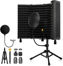 Recording Microphone Isolation Shield with Pop Filter & Tripod Stand,Foldable Mi