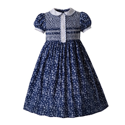 Mädchen handgesmoktes Kleid Blumen Kleider Party Abschlussball Zeremonie Peter Pan Kragen - Bild 2 von 22