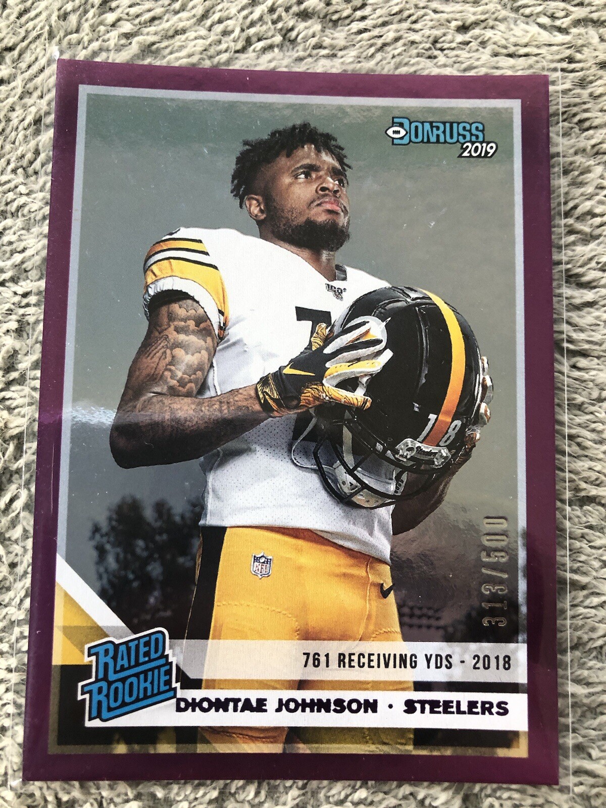 2019 Donruss - Rated Rookie Diontae Johnson #327 (RC) Purple Stat Line - 313/500