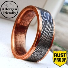 Customized Copper Inlay n Sleeve Damascus Steel Ring Men Engagement Wedding Band