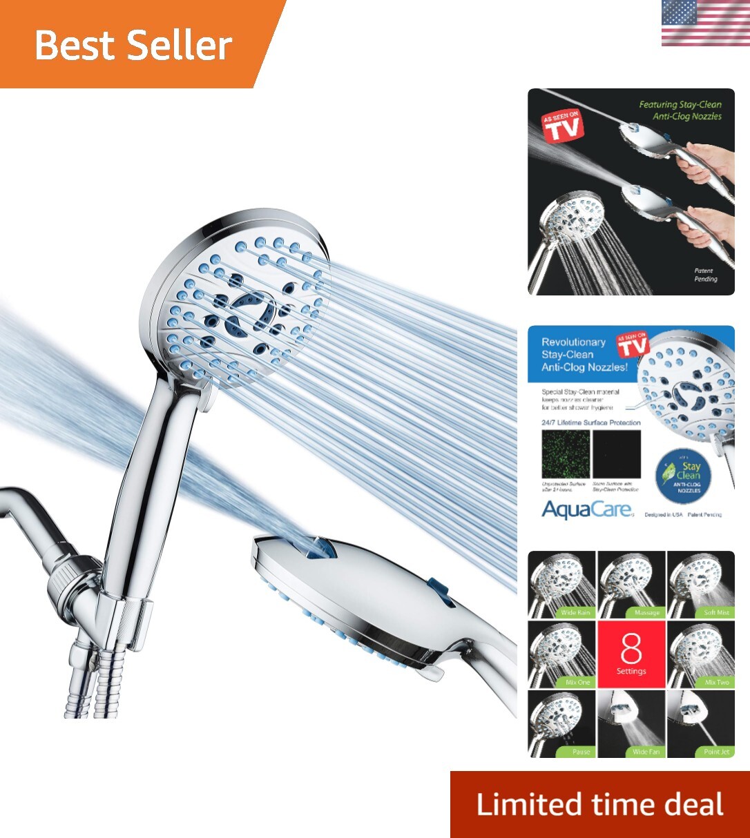 AquaCare High Pressure 8-mode Handheld Shower Head - Anti-clog Nozzles, Built...