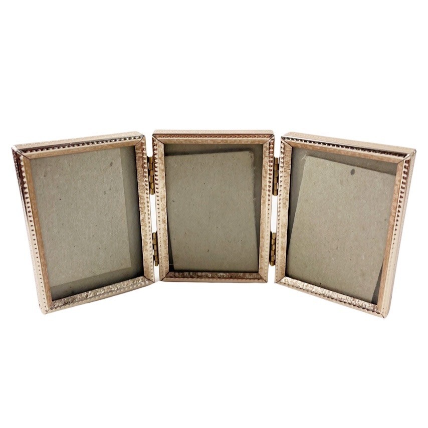 Vintage Hinged Photo Frame Tri Fold Mini Gold Tone Embossed Metal 3 ...