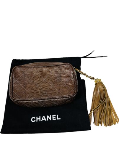 Chanel Rare Vintage Black Lizard Multi Gold Chain Camera Evening Shoulder  Bag