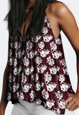 FRANNE- Sleeveless Swing Top super soft Burgundy /Ivory rose print knit top