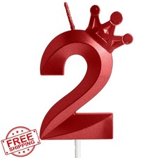 Hongplus 3D Crown Birthday Candle Number 2 Red Cake Topper