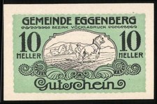 Notgeld Eggenberg, 10 Heller, Pferdepflug-Motiv und dekorative Umrandung 