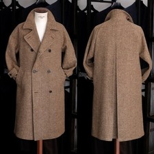 Tweed Men's Overcoat Wool Blend Vintage Khaki Double Breasted Long Jacket Coat