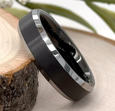 Stylish 6mm Black & Silver Tungsten Ring Matt Finish Polished Edge Holiday Gifts