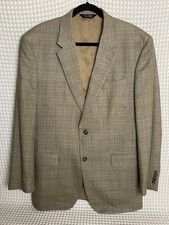 Jos A Bank Travelers Collection Blazer Mens 43L Tan Silk Wool Plaid Sports Coat