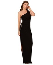 Adrianna Papell Black One Shoulder Side Embellished Jersey Gown Size 16 189