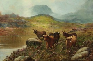 ROBERT WATSON (1865 1916) HUGE SIGNED ENGLISH OIL ON CANVAS HIGHLAND CATTLE