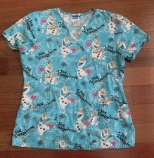 Disney Frozen 2 Olaf Blue Scrub Top I Feel Warm Inside Snowman Pockets Size S