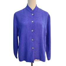 Chico's Design Silk Rayon Shirt Jacket Womens 1 M Blue Floral Artsy Festival