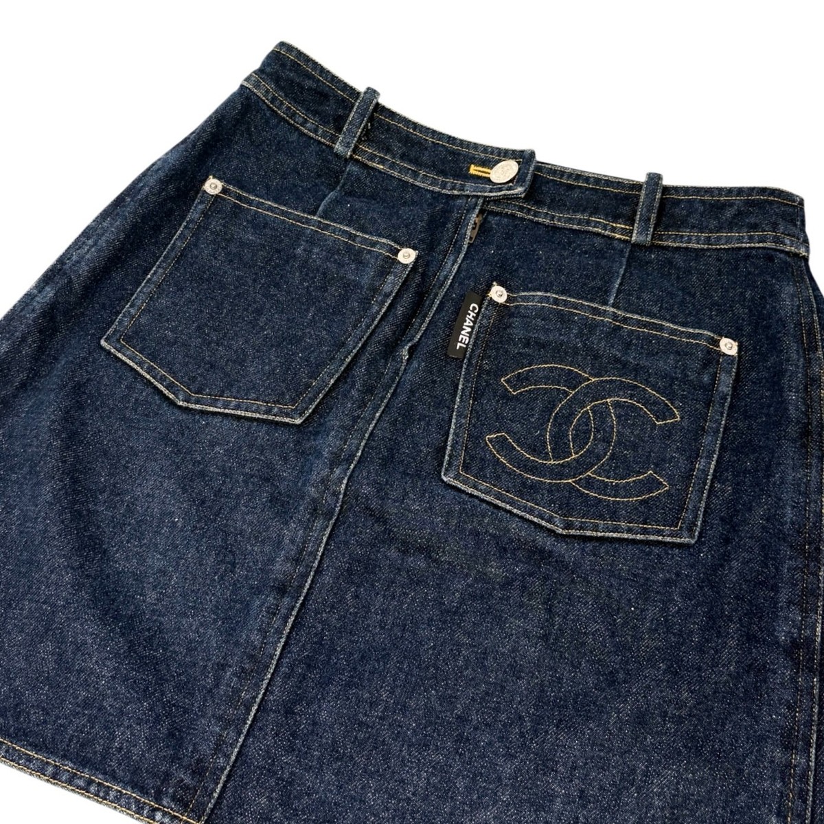 CHANEL Vintage 96P CC Mark Logo Denim Skirt #36 Dark Blue Yellow