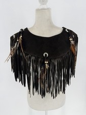 Brown Suede Fringe Poncho With Feather And Silver Tone Conchos