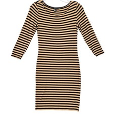 Forever21 Bodycon Dress Black Brown Striped Midi Stretch 3/4 Sleeve Women Size S
