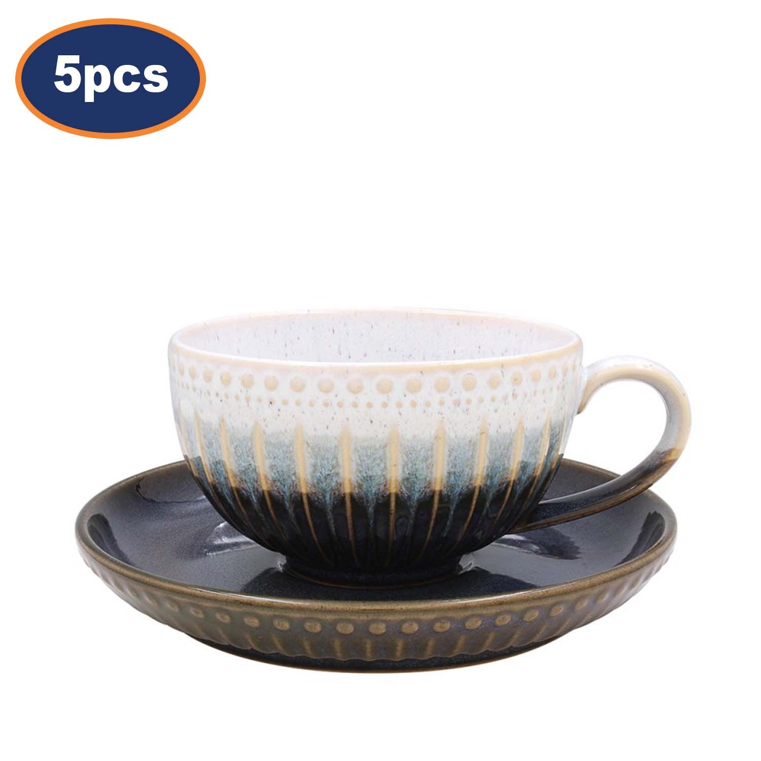 Coffee Cup & Saucer Set of 5 Stoneware 230ml Artisan Tea Cup Reactive Glazed Mug