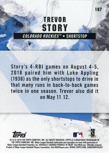2019 Topps Fire Baseball Trevor Story Colorado Rockies #187 MLB CO - Picture 2 of 2