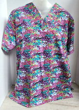 CAROL'S SCRUBS Womens Colorful Floral V Neck Scrub Top Medical SMALL