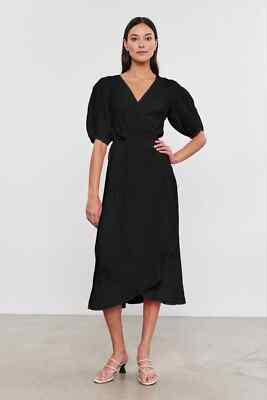 VELVET By Graham & Spencer Dalene Woven Linen Wrap Dress Black S $308 H5