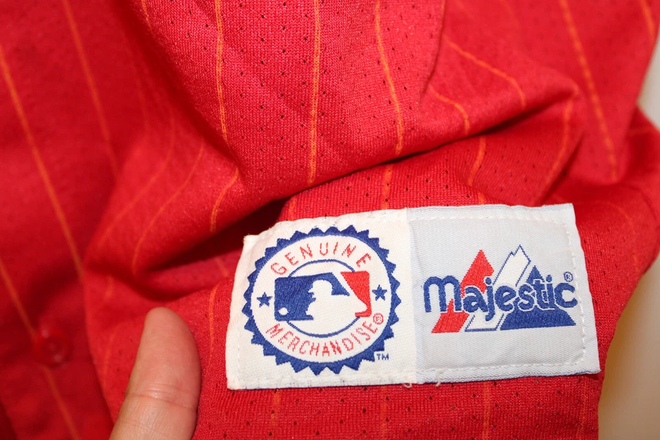 MAJESTIC Atlanta Braves Jersey Men's XL Red Striped Sewn Pin Stripe 90s READ - Image 3 of 4
