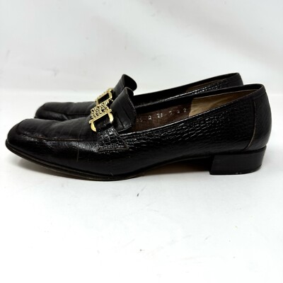 Salvatore Ferragamo Brown Leather Croc Embossed Loafers Gold  display picture 3