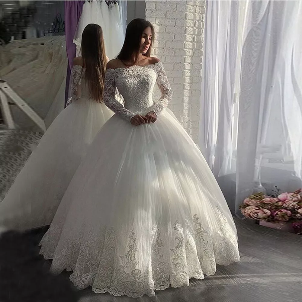 Princess Wedding Dresses White Ivory Lace Applique Off Shoulder Bridal Ball  Gown